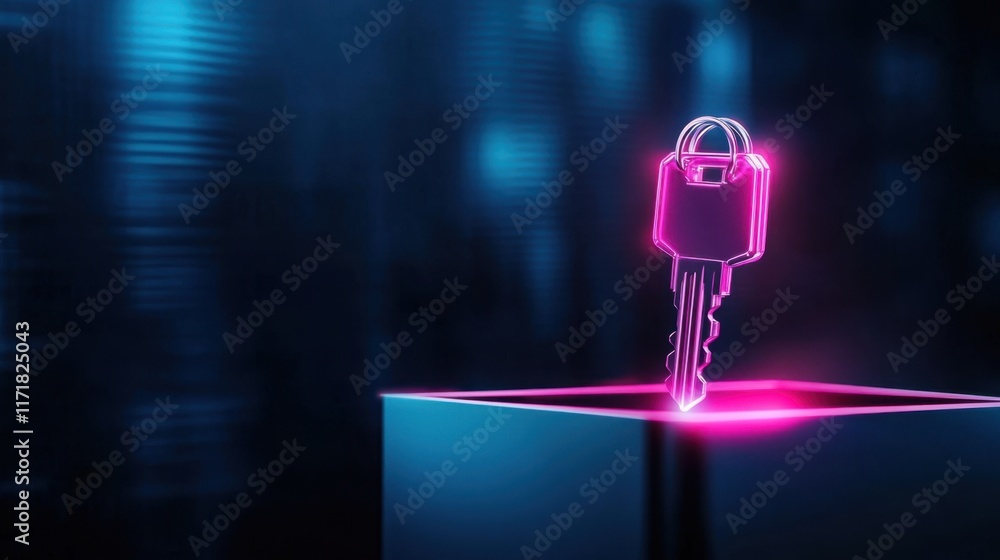 Poster neon key symbolizing security and data protection in digital technology environment