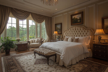 Luxurious Master Bedroom with Elegant Decor and Bay Window