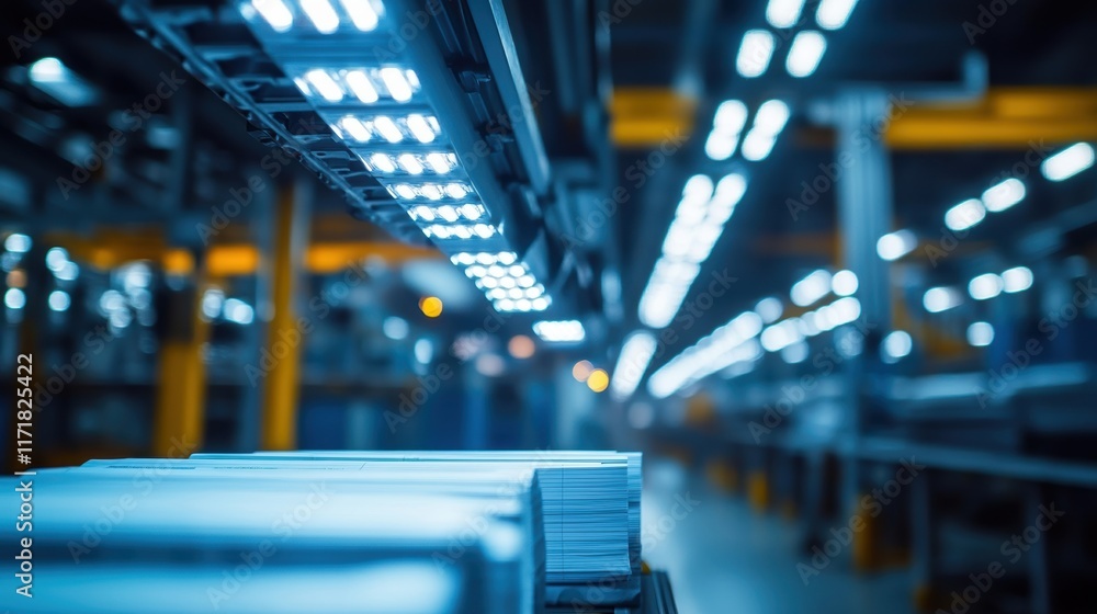 Aufkleber white paper sheets running through printing press machines in a large print manufacturing or publish