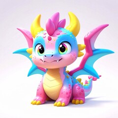 Three-dimensional cartoon character cute dragon child baby, with glitter on the skin, full length, on a white background