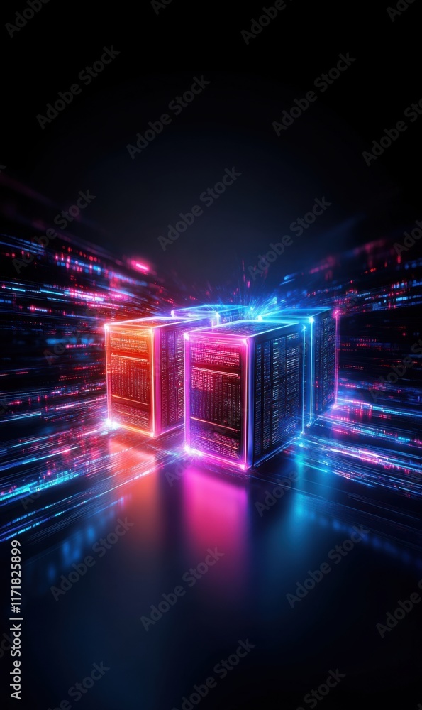 Aufkleber futuristic data server with neon lights and speed lines for tech and digital illustration