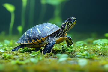 Obraz premium A Juvenile Painted Turtle Crawls on Mossy Ground