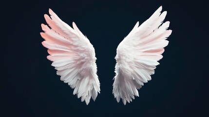 Obraz premium This image features a pair of elegant, white angel wings displayed against a dark background, symbolizing purity, freedom, and spirituality.