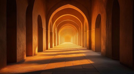 Obraz premium Sunlit arched hallway, warm tones, perspective.