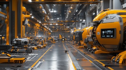 Futuristic factory interior with automated machinery and robots.