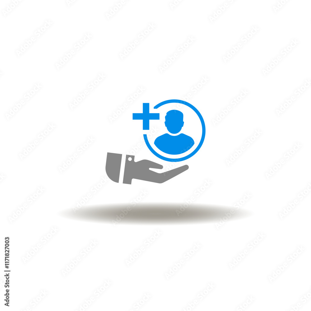 Poster vector illustration of hand hold man person with plus sign. symbol of refer a friend. icon of add ne