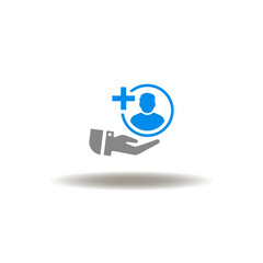 Vector illustration of hand hold man person with plus sign. Symbol of refer a friend. Icon of add new user.
