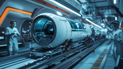 Futuristic scientists inspect a high-tech transportation pod in a modern facility.