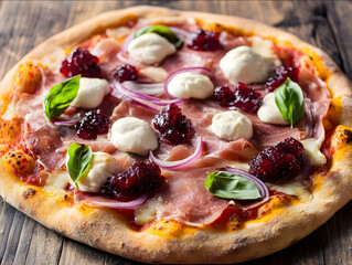 A beautifully baked gourmet pizza with a golden crispy crust The pizza is topped with thin slices of prosciutto di parma melted mozzarella cheese thin rings of red onion