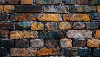 Obraz premium Rustic Aged Brick Wall with Weathered Yellow, Black, and Brown Tones. Vintage Texture for Industrial Design or Urban Decor Concepts