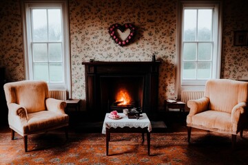 A cozy living room featuring two armchairs, a small table with snacks, and a fireplace, creating a warm and inviting atmosphere.