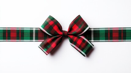A decorative plaid ribbon bow is centered on a white background, ideal for gift wrapping or festive decorations.