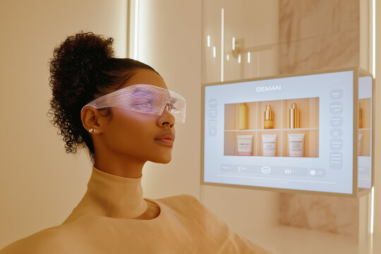 a dark-skinned woman in a minimalist beige room undergoing a virtual consultation with an AI beauty consultant, wearing smart glasses and viewing skin care products - Powered by Adobe