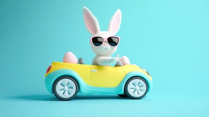 Whimsical AI bunny in sunglasses, driving a stylish car with pastel Easter tones, radiating festive joy.