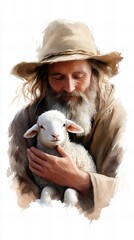 Obraz premium A tender moment: An older Caucasian shepherd gently cradles a young lamb. Warm earth tones and soft light create a peaceful scene.