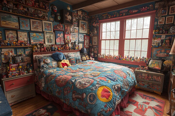 A Collectors Bedroom Filled With Vintage Toys And Memorabilia