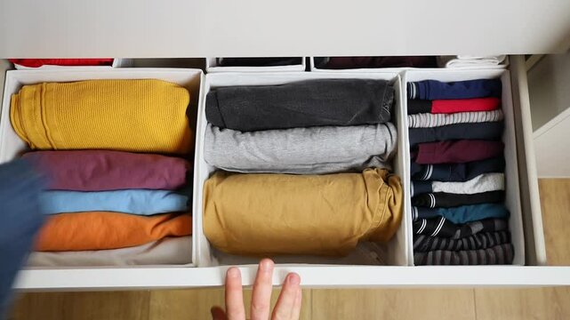 a man, top view, takes out a T-shirt, clothes from a closet drawer. Concept of organizing space, storage