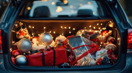 The image shows the trunk of a car filled with festive decorations, including wrapped gifts, ornaments, and fairy lights, creating a cheerful holiday atmosphere.