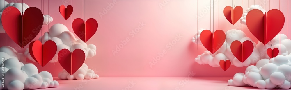 Poster 3d rendering shows red paper hearts hanging from strings among fluffy white clouds against soft pink