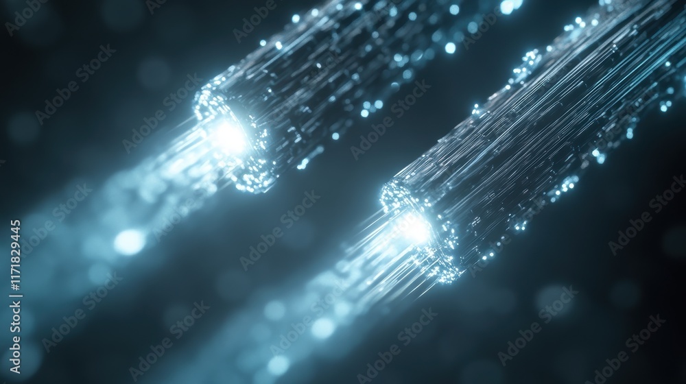 Poster two fiber optic cables transmitting data at very high speed, creating light trails, on a dark backgr
