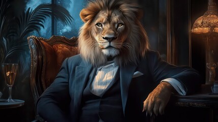 Majestic lion in a suit, seated in an antique chair, in a dimly lit room.