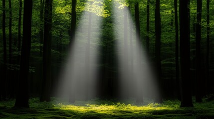 Obraz premium A serene forest scene illuminated by beams of light filtering through the trees, creating a mystical atmosphere.