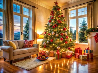 Cozy family Christmas photoshoot: candid moments, twinkling tree, warm holiday decor.