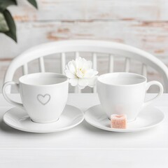 Obraz premium Two elegant white cups on saucers, one adorned with a heart design, accompanied by a flower and a sugar cube, creating a serene and inviting atmosphere for enjoying a warm beverage.