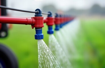Agricultural sprayer nozzles spray water onto green field. Irrigation equipment waters crops. Close-up view of farm machinery in action. Modern tech for farming. Sprinkler system irrigates plants.