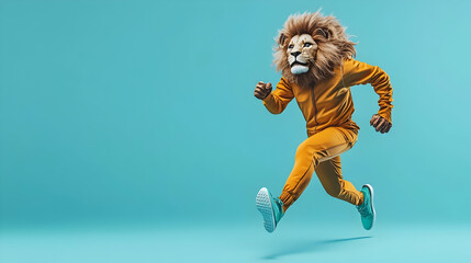 Determined lion in a running outfit sprinting forward, symbolizing power and ambition, ideal for athletic campaigns or motivational posters