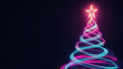 The image features a stylized Christmas tree made of colorful light trails, topped with a glowing star, set against a dark background, evoking a festive and magical atmosphere.