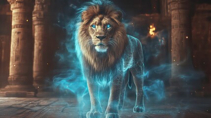 Naklejka premium Majestic lion with glowing blue aura standing in ancient ruins.