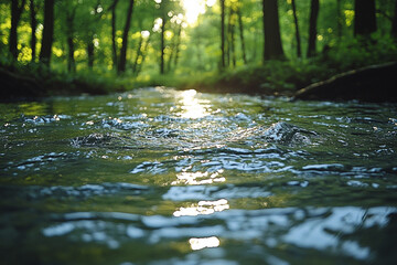 Fototapeta premium Sunlight Dapples Forest Stream Water Flowing Gently