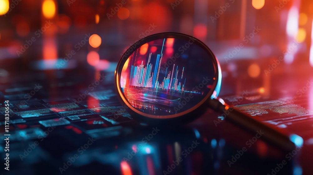 Poster magnifying glass over stock market data displayed on a tablet, showing financial analysis and invest
