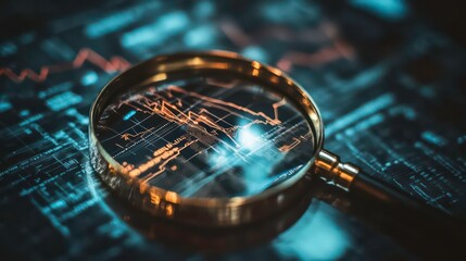 Magnifying glass over financial charts, analyzing market trends and data.