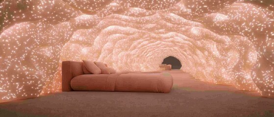 A serene, illuminated cave-like space featuring a cozy, curved couch, creating a tranquil atmosphere for relaxation and contemplation.