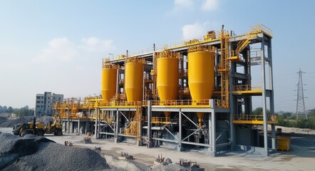 Obraz premium Industrial Concrete Manufacturing Facility: A Hub of Construction with Machinery and Gravel Processing