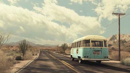 Fototapeta premium Retro bus driving on a desert road.