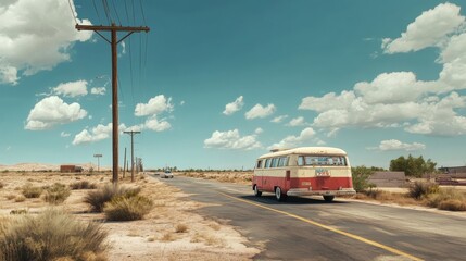 Retro van driving on a desert road under a bright sunny sky.