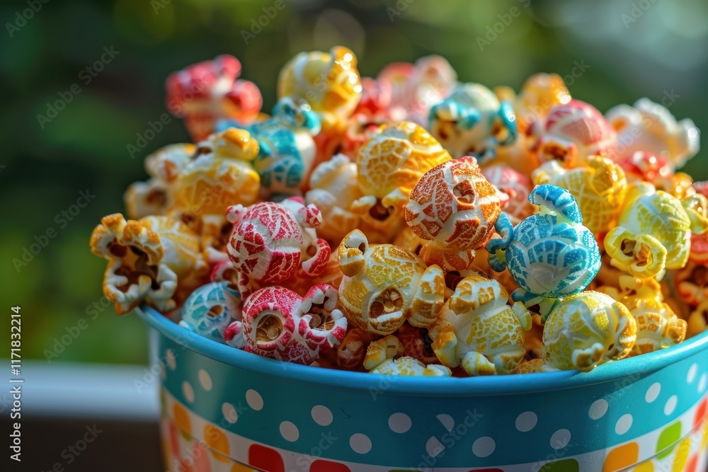 Poster sweet multicolored candied popcorn overflowing a cheerful polka dot container, creating a delightful
