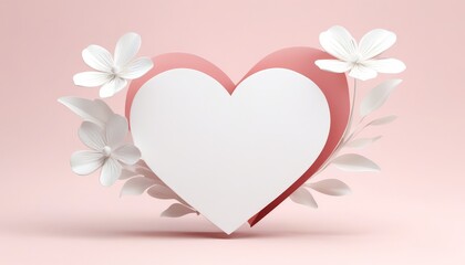 Ein wei&szlig;es und rosa 3D-Herz mit zarten wei&szlig;en Papierbl&uuml;ten auf rosa Hintergrund. Romantisches, modernes Mockup mit Platz f&uuml;r Text oder Design. Generative KI.