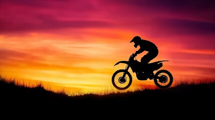 Silhouette of a man motocross biking at sunset. Warm sunset colors and dark silhouette create a dramatic image.