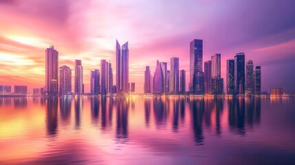 Obraz premium Vibrant sunset over a modern city skyline reflected in calm water.
