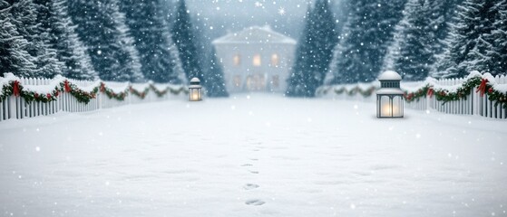 A serene winter landscape featuring a snow-covered path leading to a beautifully lit house, surrounded by snow-laden trees and festive decorations.