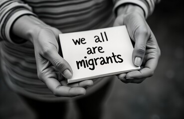 Woman holds note with message Migrants. Person holding sign about migration. Social activist displaying message in humanitarian gesture. Photo expression of global migration crisis. Image advocating