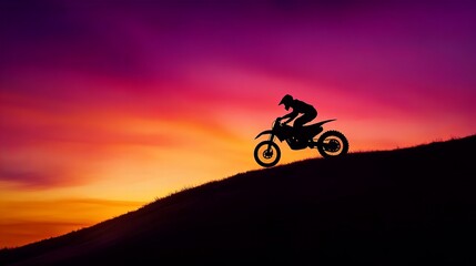 Silhouette of a male motocross rider ascending a hill against a vibrant sunset.
