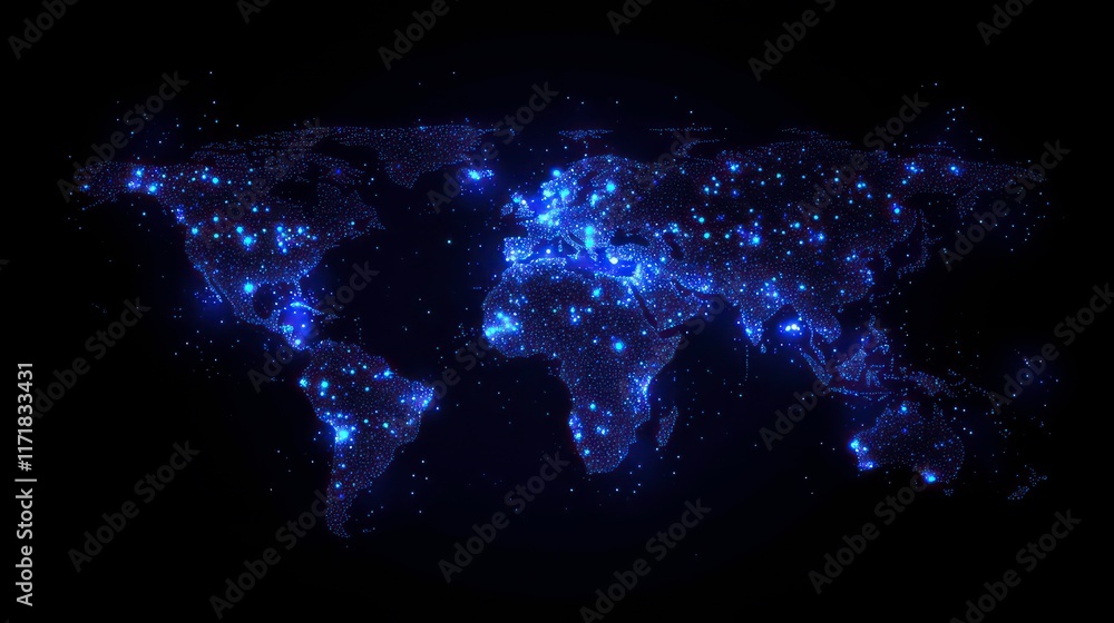 Poster glowing blue world map with digital network connections.
