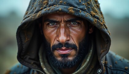 Obraz premium Man with dirt-covered hood walks in distress. Refugee endures hardship. Desperate person migrates due to war. Person affected by humanitarian crisis. Suffering evident on face. Looks weary,