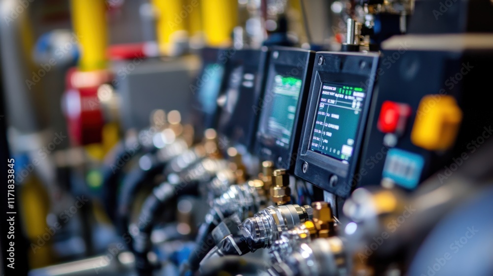 Poster sophisticated control panel displaying real time data and parameters, ensuring smooth operation and 