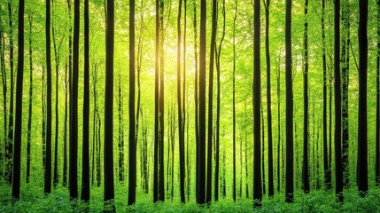 A serene forest scene with tall trees bathed in soft green light, creating a tranquil and refreshing atmosphere.